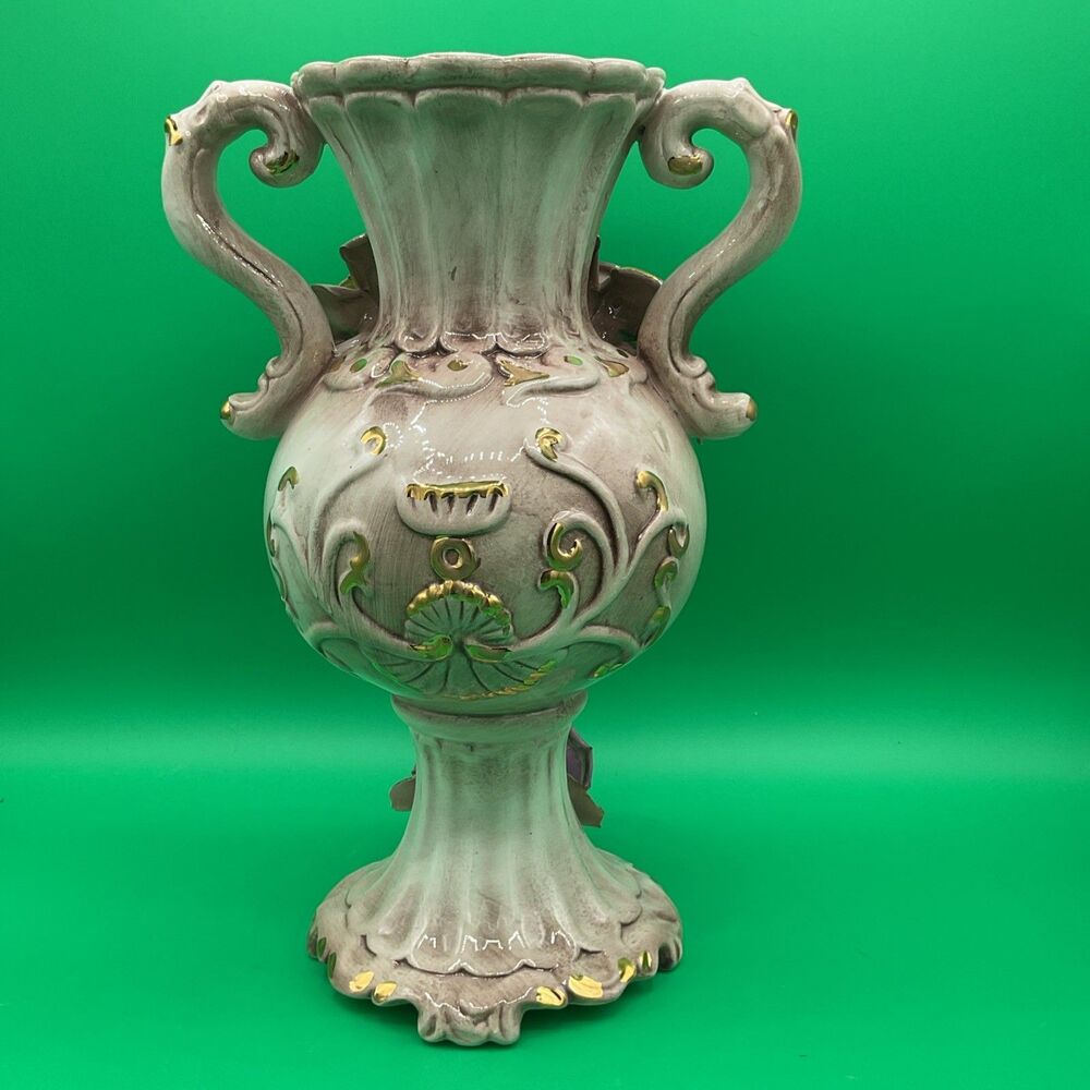 Vintage Porcelain Capodimonie Italian Floral Vase With Three Roses Two Handle - Picture 5 of 17